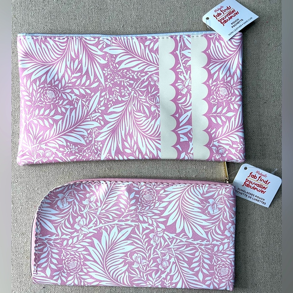 Michaels Pink and White Floral Sunglasses Case and Pouch with gold zipper